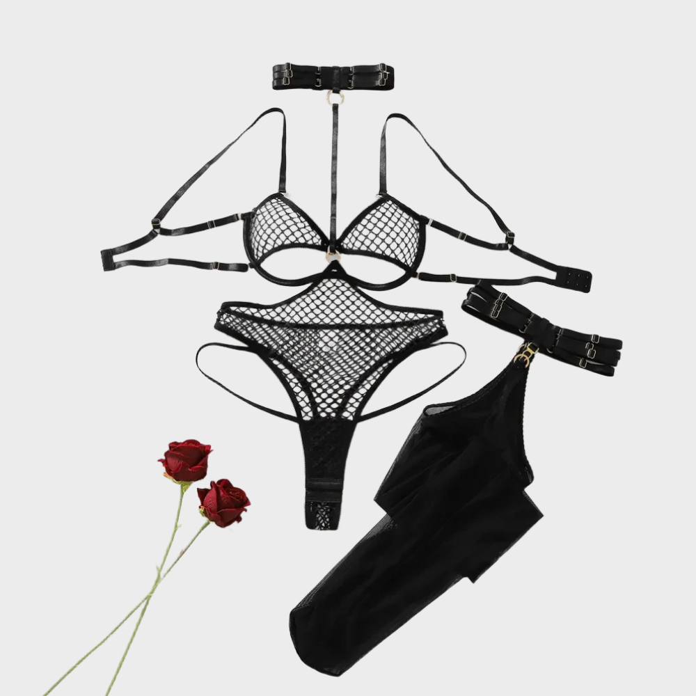 Fishnet Stocking Women - Set di lingerie nera a rete